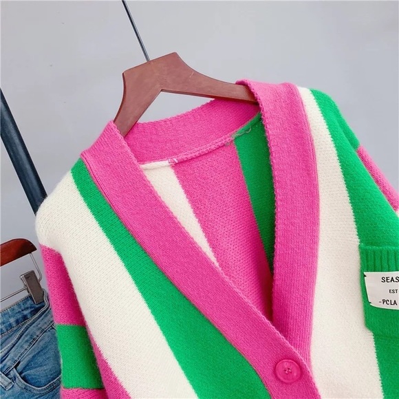 Stripe cardigan pink wide sleeve pocket sweater - Picture 13 of 13